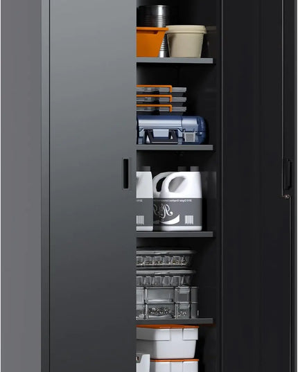 Lockable Metal Garage Storage Cabinet, Steel, 2 Doors, 4 Shelves, Black, Assembly Required