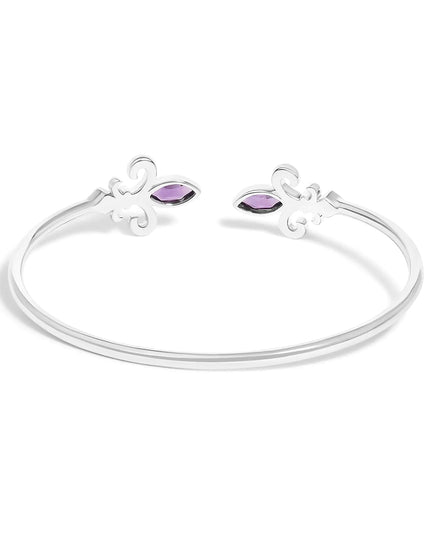 .925 Sterling Silver 8X4MM Marquise Purple Amethyst and Diamond Accent Fleur Di Lis Open Cuff Bangle (I-J Color, I1-I2 Clarity) - 7"