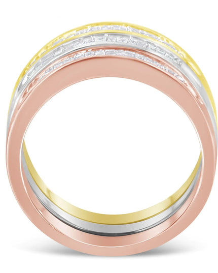 10K Yellow, White and Rose Gold over .925 Sterling Silver 5/8 Cttw Diamond Channel-Set Stackable Band Ring Set (H-I Color, I1-I2 Clarity)