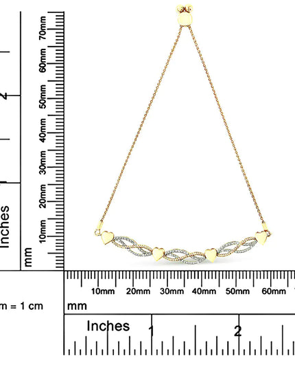 14K Yellow Gold Plated .925 Sterling Silver 1/10 Cttw Diamond Wave and Hearts Bolo Bracelet (I-J Color, I2-I3 Clarity) - 4"-10" Adjustable