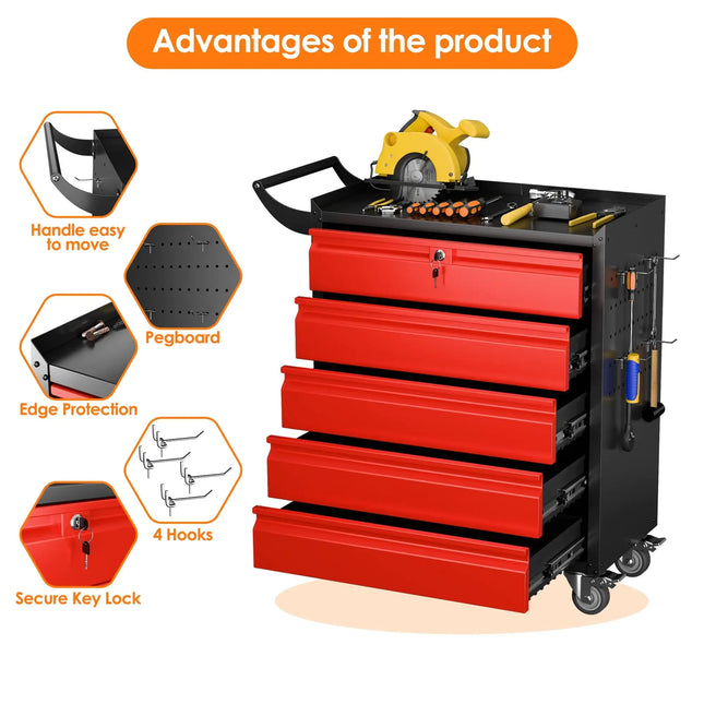 Metal Rolling Tool Box 5 Drawers Lockable Wheels Garage Warehouse Assembly Required Black Red