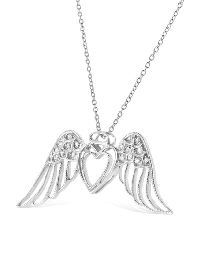 .925 Sterling Silver Pave-Set Diamond Accent Angel Wing 18" Double Heart Pendant Necklace (I-J Color, I1-I2 Clarity)