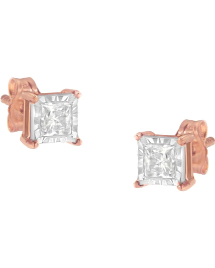14K Rose Gold Plated Two-Tone .925 Sterling Silver 1/2 Cttw Princess-Cut Square Near Colorless Diamond Solitaire Miracle-Plate Stud Earrings (J-K Color, I2-I3 Clarity)