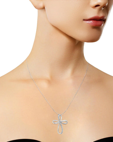 .925 Sterling Silver Diamond Accent Cross Ribbon 18" Pendant Necklace (I-J Color, I2-I3 Clarity)