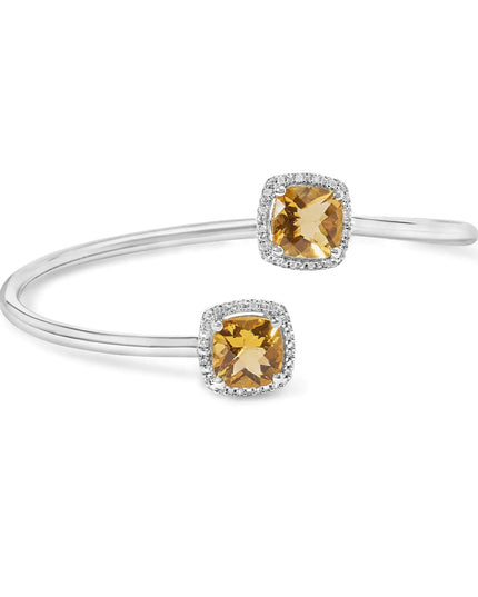 .925 Sterling Silver 8mm Cushion Cut Yellow Citrine Gemstone and Diamond Accent Split Bypass Bangle Bracelet (H-I Color, SI1-SI2 Clarity)  - Fits up to 7.75" Inches