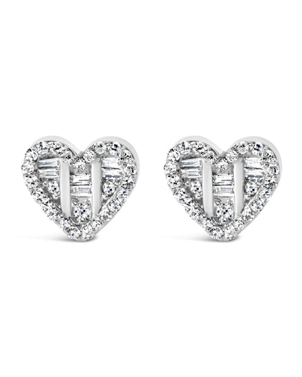 .925 Sterling Silver 1/2 Cttw Round and Baguette Diamond Composite Heart Shaped Stud Earring (I-J Color, SI2-I1 Clarity)