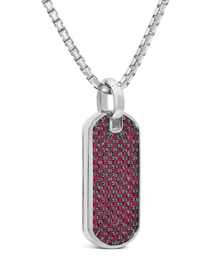 Men's .925 Sterling Silver Created Red Ruby Dog Tag Pendant Necklace - 22" Inches