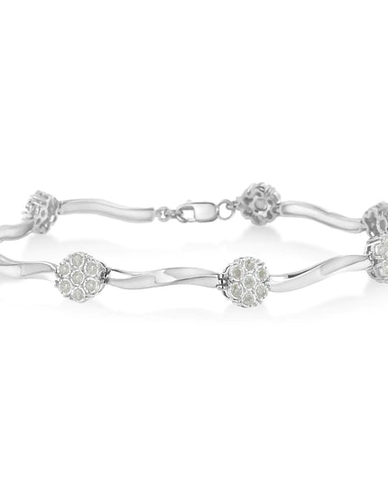 .925 Sterling Silver 1/4 Cttw Diamond Cluster Miracle-Set Station & Twisted Bar 7" Tennis Bracelet (H-I Color, I2-I3 Clarity)