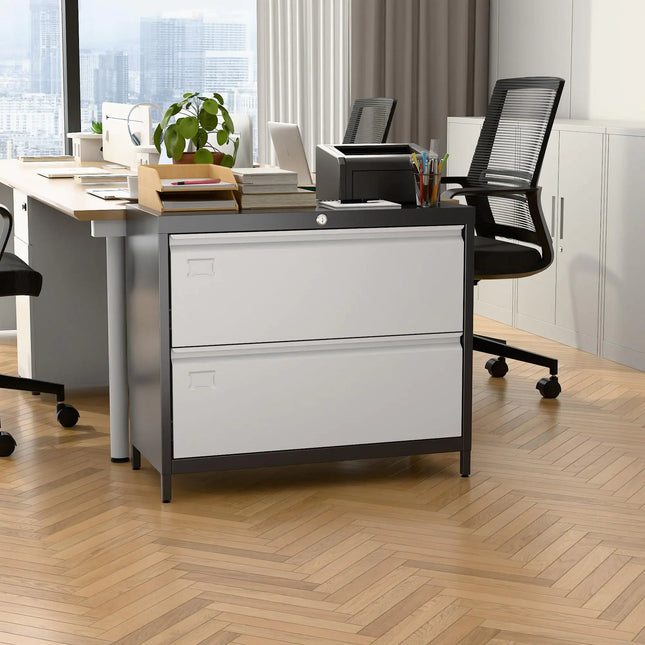 2-drawer Metal Lateral File Cabinet With Lock, Business Card Slot, Black/grey