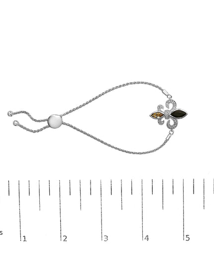 .925 Sterling Silver Marquise Black Onyx, Orange Citrine, and Diamond Accent Lariat 4”-10” Fleur De Lis Adjustable Bolo Bracelet (I-J Color, I1-I2 Clarity) - 7"