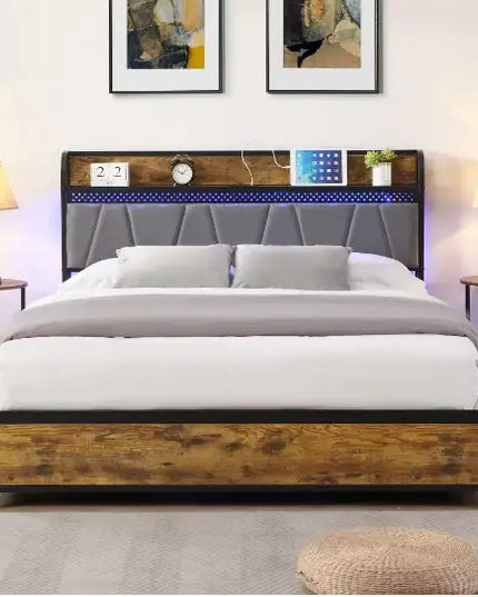 Full Size Bed Frame, Storage Headboard With Charging Station, 4 Drawers, LED Lights
