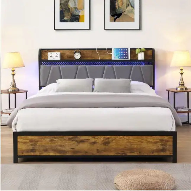 Full Size Bed Frame, Storage Headboard With Charging Station, 4 Drawers, LED Lights