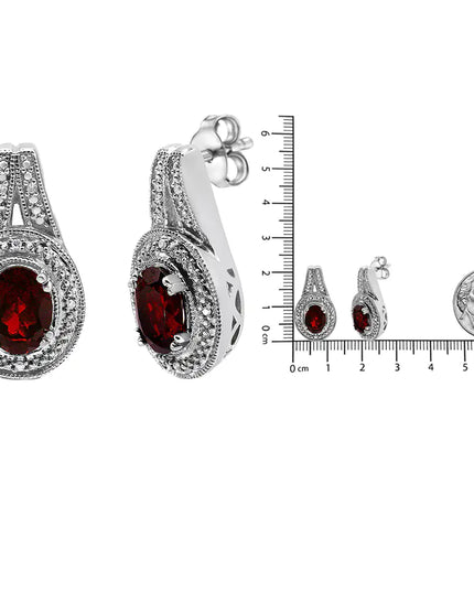 .925 Sterling Silver Diamond Accent and 8x6mm Red Oval Garnet Stud Earrings (I-J Color, I1-I2 Clarity)