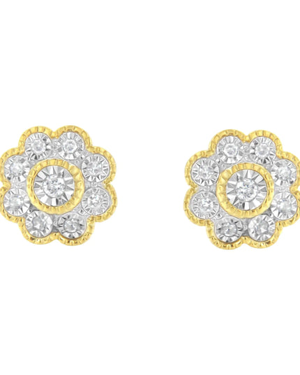 14K Yellow Gold Plated .925 Sterling Silver 1/6 Cttw Miracle-Plate Set Diamond Floral Stud Earrings (I-J Color, I2-I3 Clarity)