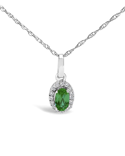 10K White Gold 5x3mm Gemstone and Diamond Accent Halo Oval Shape 18" Pendant Necklace (I-J Color, I1-I2 Clarity)