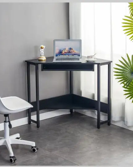 Corner Computer Desk, Triangle, Keyboard Tray, Storage Shelves, Small Space Workstation