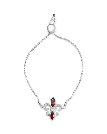 .925 Sterling Silver Marquise Garnet  and Diamond Accent Lariat 4”-10” Fleur De Lis Adjustable Bolo Bracelet (H-I Color, SI1-SI2 Clarity)