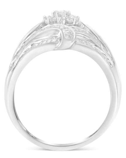 .925 Sterling Silver 1-1/8 Cttw Round & Baguette Diamond 'Flower & Fern' Cluster Cocktail Fashion Ring (I-J Color, I2-I3 Clarity)
