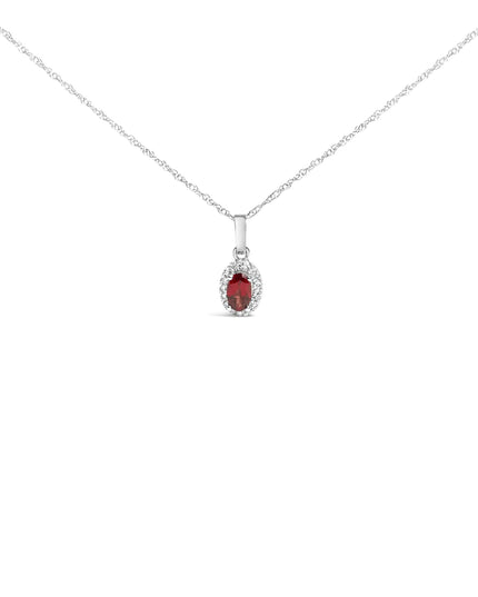 10K White Gold 5x3mm Gemstone and Diamond Accent Halo Oval Shape 18" Pendant Necklace (I-J Color, I1-I2 Clarity)