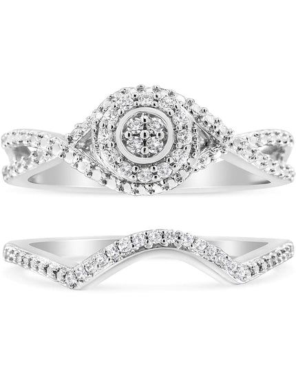.925 Sterling Silver 1/6 Cttw Diamond Composite Halo and Split Shank Bridal Set Ring and Band  (I-J Color, I3 Clarity)