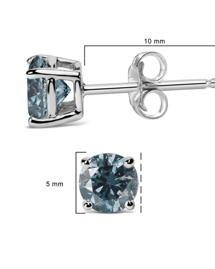 14K Gold Round Brilliant Cut Lab Grown Blue Diamond 4-Prong Classic Solitaire Stud Earrings with Pushbacks