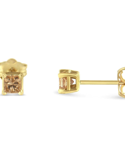 IGI Certified 14k Yellow Gold 4-Prong Set Princess-Cut Solitaire Diamond Push Back Stud Earrings (L-M Color, I1-I2 Clarity)
