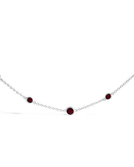 .925 Sterling Silver Checkerboard Cut Red Garnet Bezel Station Necklace - 22" Inches