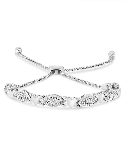 .925 Sterling Silver Diamond Accent Alternating Marquise Shape and Heart Links Bolo Bracelet (I-J Color, I3 Clarity) - Adjustable 6" to 9"