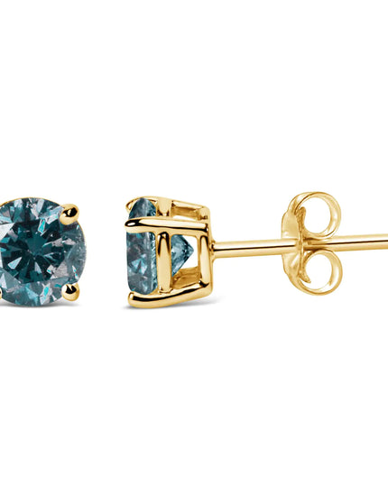 14K Gold Round Brilliant Cut Lab Grown Blue Diamond 4-Prong Classic Solitaire Stud Earrings with Pushbacks