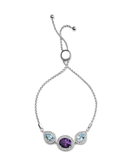 .925 Sterling Silver Oval Amethyst and Pear Blue Topaz with Diamond Accent Lariat 4”-10” Adjustable Bolo Bracelet (H-I Color, SI1-SI2 Clarity)
