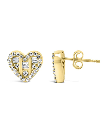 .925 Sterling Silver 1/2 Cttw Round and Baguette Diamond Composite Heart Shaped Stud Earring (I-J Color, SI2-I1 Clarity)