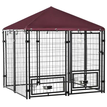 Walk-in Dog Kennel With Rotating Bowl Rack, Steel Playpen, Waterproof Awning
