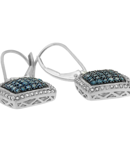 Black Rhodium over .925 Sterling Silver ¾ Cttw Blue and White Diamond Cushion Shaped Dangle Earrings (Enhanced Blue & I-J Color, I2-I3 Clarity)