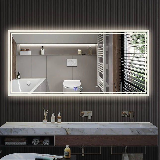 LED Bathroom Mirror with Lights – Anti-Fog, Dimmable, Touch Button, Waterproof – Horizontal/Vertical Wall Mounted, 60" x 28" inches