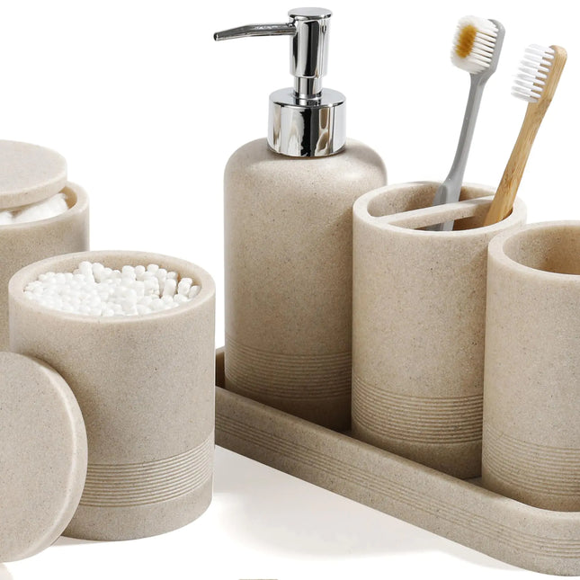 Bathroom Accessories Set 6-Piece Bathroom Accessory Set Toothbrush Holders Set Soap Dispenser Vanity Tray Tumbler Cotton Swab Jars Bathroom Organizer for Modern Bathrooms(Beige)