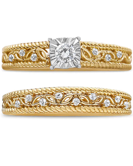 14K Yellow Gold Plated .925 Sterling Silver 1/5 Cttw Diamond Art Deco Style Engagement Ring Bridal Set (I-J Color, I3 Clarity)