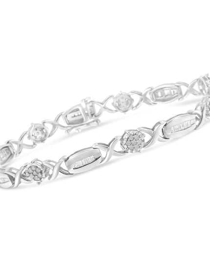 .925 Sterling Silver 1.0 Cttw Round-Cut and Baguette-Cut Diamond X-Link Bracelet (I-J Color, I1-I2 Clarity) - 7"