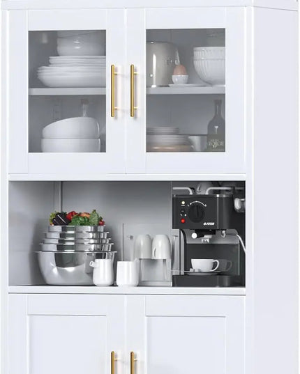 73" Tall Metal Arched Cabinet, Glass Door Pantry Bookcase, 2 Adjustable Shelves, White