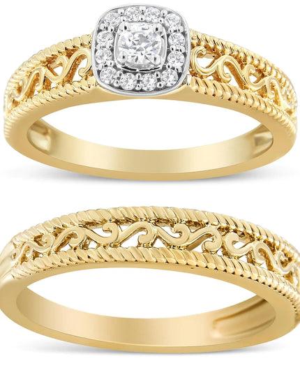 14K Yellow Gold Plated .925 Sterling Silver 1/5 Cttw Diamond Halo and Milgrain Finish Engagement Ring Bridal Set (I-J Color I3 Clarity)