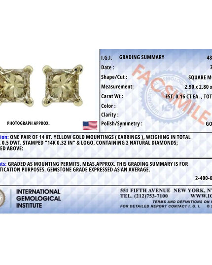 IGI Certified 14k Yellow Gold 1/3 Cttw 4-Prong Set Princess-Cut Solitaire Diamond Push Back Stud Earrings (Q-R Color, I1-I2 Clarity)