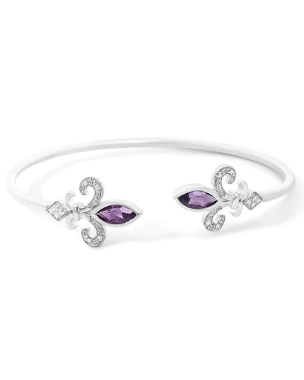 .925 Sterling Silver 8X4MM Marquise Purple Amethyst and Diamond Accent Fleur Di Lis Open Cuff Bangle (I-J Color, I1-I2 Clarity) - 7"