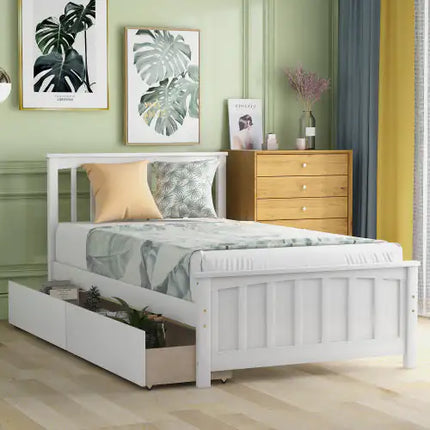 Twin Platform Bed, 2 Drawers, White