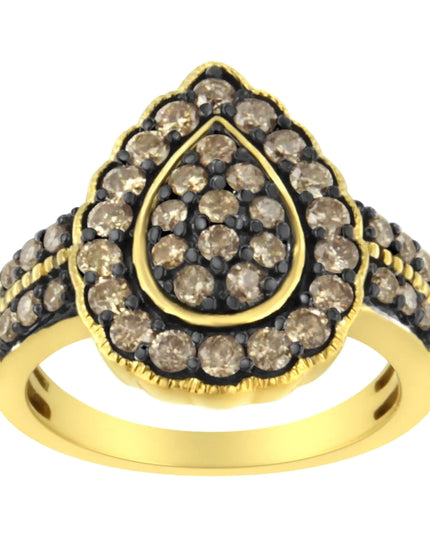 10K Yellow Gold Plated .925 Sterling Silver 1 1/8 cttw Prong-Set Round-Cut Diamond Pear Cocktail Ring (J-K Color, I1-I2 Clarity)
