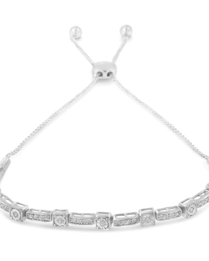 .925 Sterling Silver 1/4 Cttw Diamond 4”-10” Adjustable Bolo Alternating Square and Rectangle Bolo Bracelet (I-J Color, I3 Clarity)