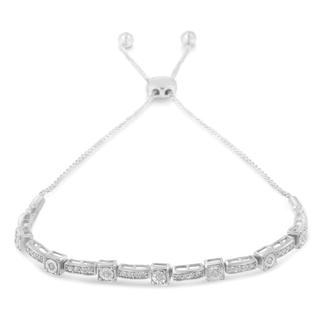 .925 Sterling Silver 1/4 Cttw Diamond 4”-10” Adjustable Bolo Alternating Square and Rectangle Bolo Bracelet (I-J Color, I3 Clarity)