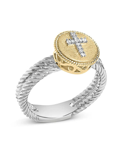 18K Yellow Gold Plated .925 Sterling Silver Diamond Cross Ring with Satin Finish (I-J Color, SI1-SI2 Clarity)