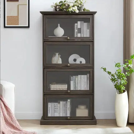 4-tier Glass Display Cabinet With Flip-up Doors, Toy Organizers, Bookcase