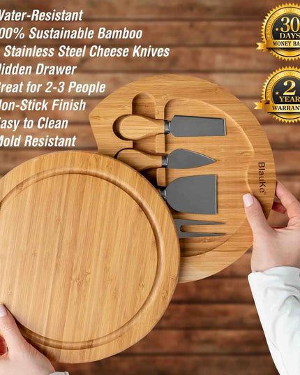 Bamboo Cheese Board Set - 10 Inch With Knife, Drawer