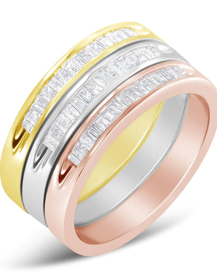 10K Yellow, White and Rose Gold over .925 Sterling Silver 5/8 Cttw Diamond Channel-Set Stackable Band Ring Set (H-I Color, I1-I2 Clarity)