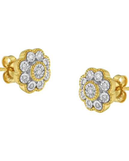 14K Yellow Gold Plated .925 Sterling Silver 1/6 Cttw Miracle-Plate Set Diamond Floral Stud Earrings (I-J Color, I2-I3 Clarity)